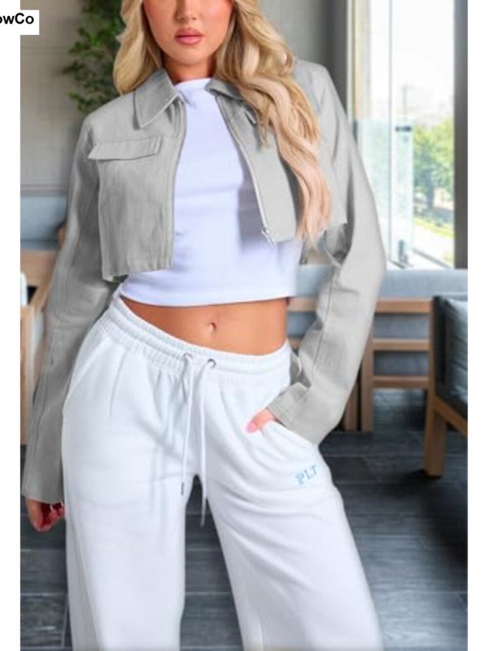 Cropped Zip Up Casual Jacket with Lapel Collar and Chest Pockets - Picture 4 of 6